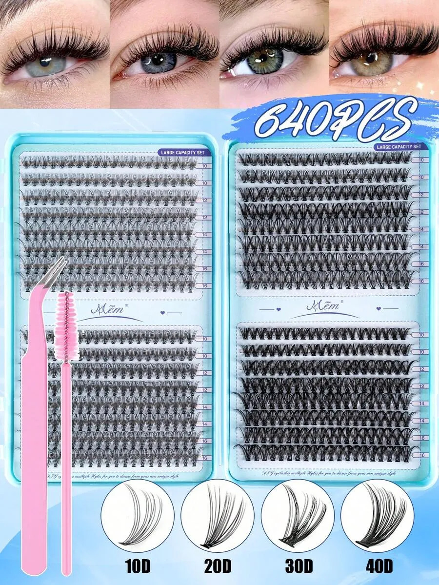 Eyelash Extension Volume - 640 stuks gemengde 10D-60D wimperclusters, 0,07